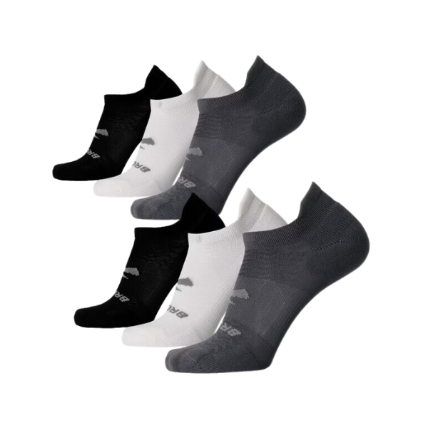 The BROOKS Unisex No Show 6-Pack in Grey/White/Black features six pairs of cushioned, breathable low-cut running socks, displayed in two rows on a white background.