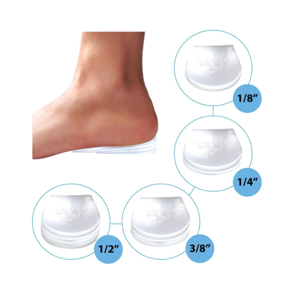 A foot rests on the BURTEN DIST Shoe Bubbles Adjustable Heel Lift, shown in close-up images with four labeled thickness options—1/8, 1/4, 3/8, and 1/2—for easy foot alignment.