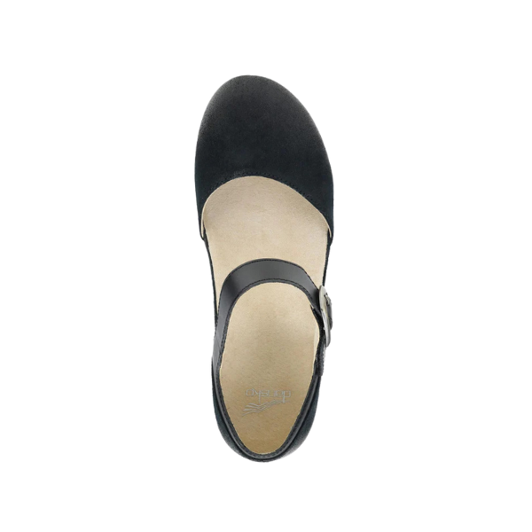 Top view of the Dansko Womens Mae Black Suede shoe with a single strap and buckle, beige insole, and rounded toe—perfect for style and foot pain relief. Brand: DANSKO.