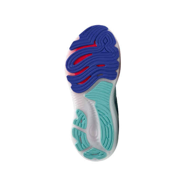 The image displays the sole of the BROOKS Womens Glycerin GTS 22 Wide White/Blue, featuring a wavy tread in blue, red, and teal tones on white, suggesting plush cushioning and advanced GuideRails support technology.