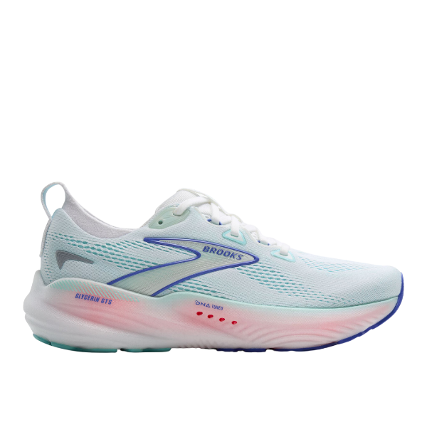 The BROOKS Womens Glycerin GTS 22 Wide in White/Blue features plush cushioning, white laces, blue and purple accents, a gradient white-to-pink midsole, blue outsole, mesh upper with Brooks logo, and GuideRails support for stability.