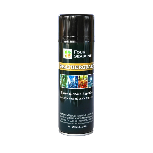 A can of Four Seasons Weatherguard by BURTEN DIST makes leather water resistant and prevents stains on suede and nubuck. The black can displays weather symbols and detailed product info on its label.