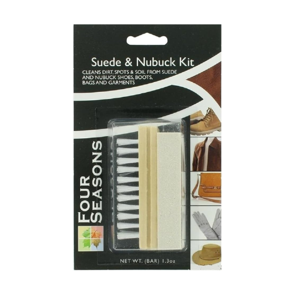 The BURTEN DIST Four Seasons Suede & Nubuck Cleaning Kit includes a suede bar and white-bristle brush in packaging, ideal for cleaning shoes, boots, bags, and garments made of suede or nubuck.