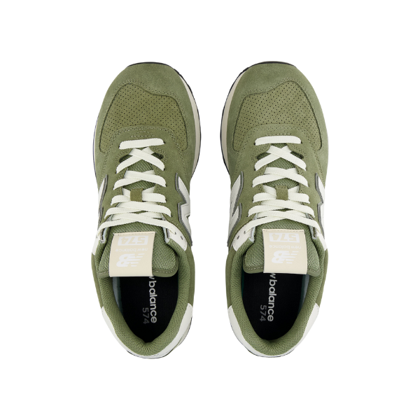 The New Balance Unisexs 574 Green/White running shoes, shown from above with white laces and logo on a white background, offer stylish support and comfort to help ease foot pain.