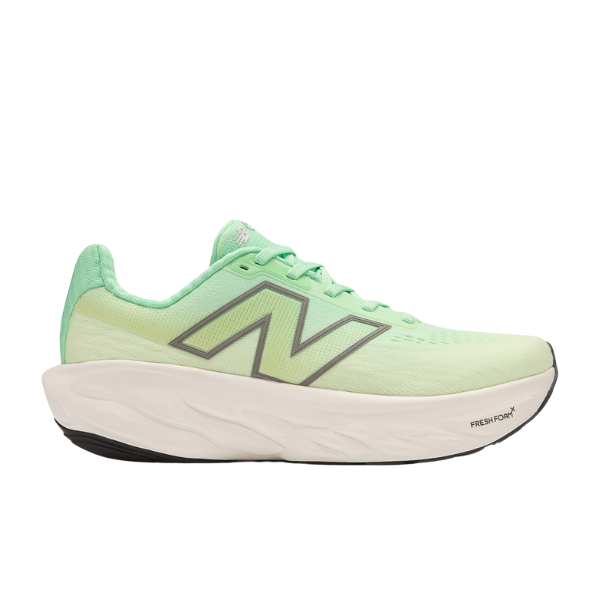 The New Balance Womens Fresh Foam X 1080v14 Wide in White/Green features a thick white sole, black outsole, large gray N logo, mesh upper, and lace-up closure.