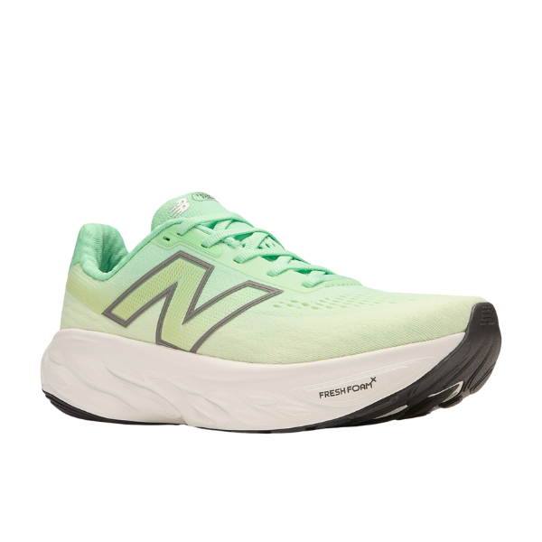 The New Balance Womens Fresh Foam X 1080v14 Wide in White/Green features a light green design, large gray N logo, white Fresh Foam X sole, and black front outsole accents, displayed on a white background.