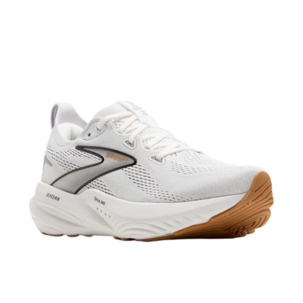 The BROOKS Womens Glycerin GTS 22 in White/Grey/Black features a gray and silver side design, white laces, a thick cushioned white sole, and a light brown rubber outsole.