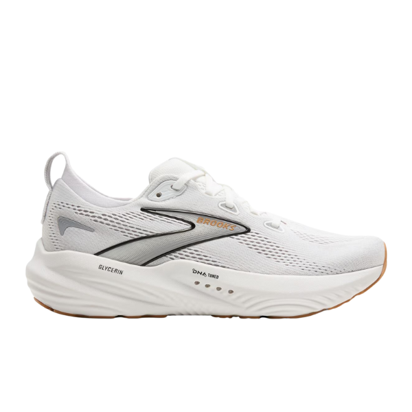 The Brooks Womens Glycerin GTS 22 in White/Grey/Black features a breathable mesh upper, gray and silver accents, light brown outsole, and DNA LOFT v3 cushioning for premium comfort with reliable support.