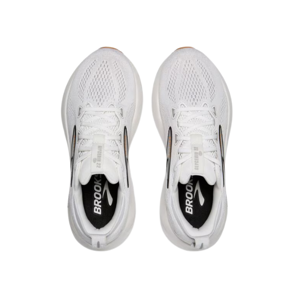 Top view of Brooks Womens Glycerin GTS 22 running shoes in white/grey/black, featuring mesh uppers, reliable support, black insoles with the BROOKS logo, and silver and black side accents on a white background.