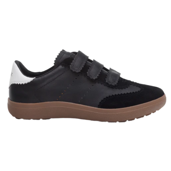 The Aetrex Women's Morgan Black sneakers by AETREX WORLDWide INC feature a brown sole, white heel accent, and three Velcro straps. These leather shoes provide exceptional arch support and are shown in a side profile view.