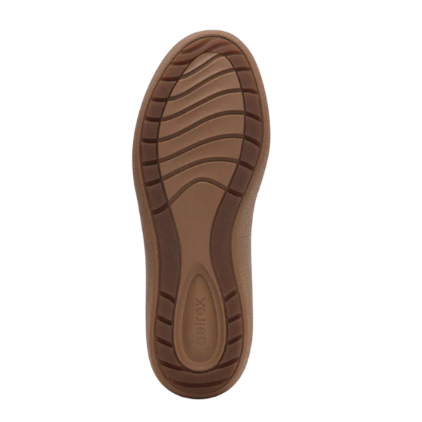 A brown shoe sole with curved grooves and textured patterns, featuring AETREX embossed at the heel—ideal for arch support in Aetrex Women's Morgan Black sneakers by AETREX WORLDWide INC.