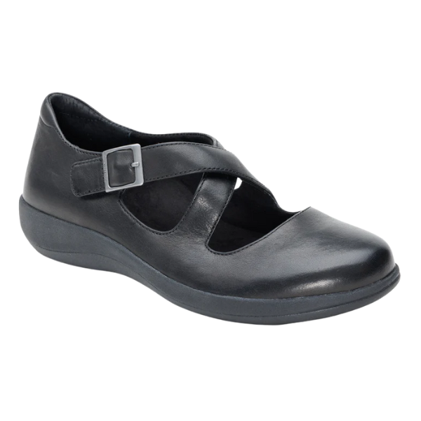 Black leather shoe with a strap and buckle on a white background