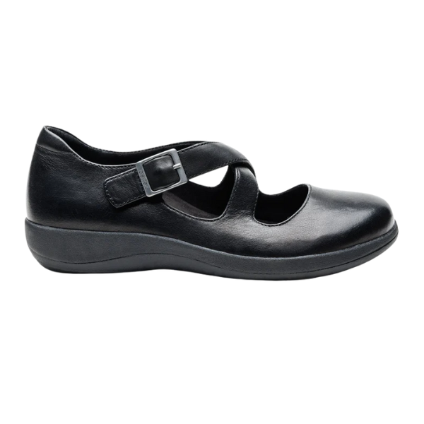 Black leather shoe with a buckle on a white background