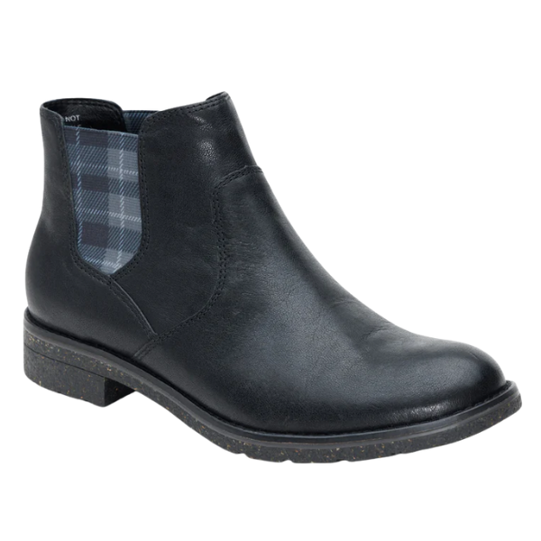 Black leather ankle boot with plaid pattern on a white background