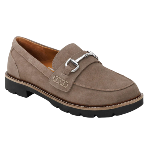 The Aetrex Women's Collette Suede Taupe loafer by AETREX features rich taupe suede, a silver buckle, contrast stitching, a black rubber sole, and offers superior arch support for all-day comfort.