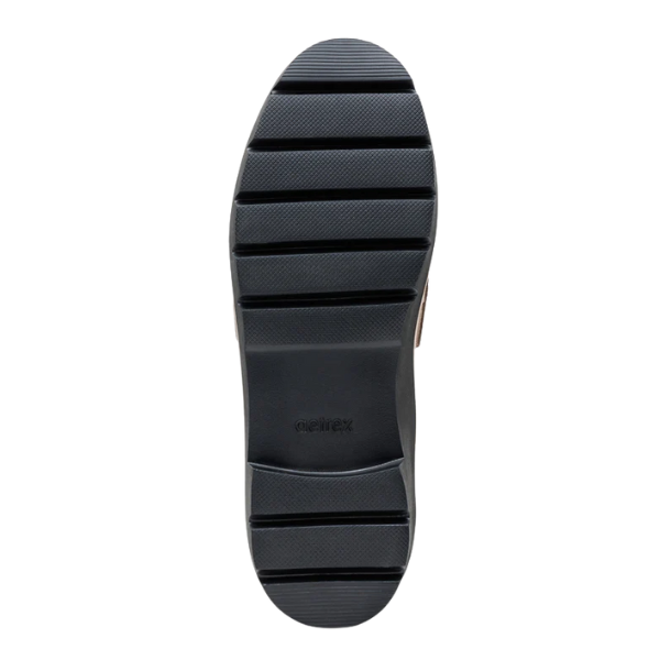 Black shoe sole with brand name on a white background