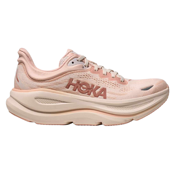 The HOKA Women's Bondi 9 Wide in Rose/Latte features a light pink mesh upper, thick cushioned sole, and bold HOKA branding, shown in left profile against a white background.