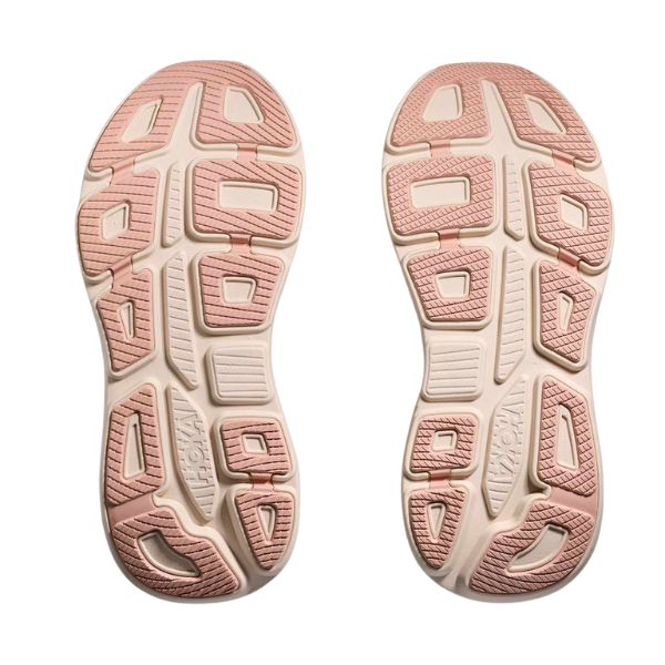 The HOKA Women's Bondi 9 Wide Rose/Latte features light beige soles with pink accents and a geometric tread, displayed on a white background—perfect as women’s running shoes in the wide rose latte colorway.