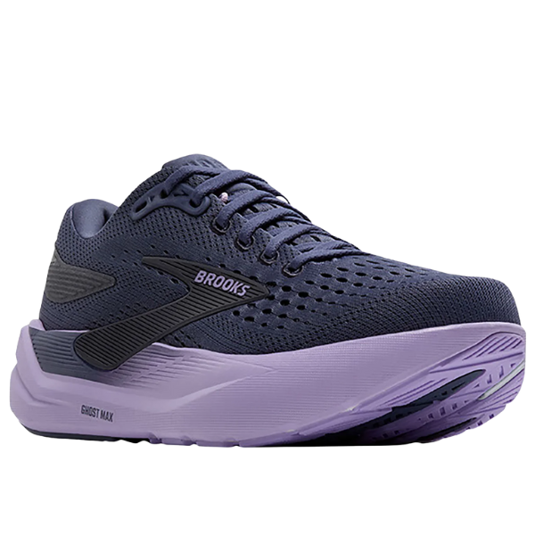 The BROOKS Women's Ghost Max 3 in Night Shadow/Ebony/Purple is a cushioned road running shoe with a mesh upper, thick sole, lace-up design, and sports prominent Brooks branding plus a Ghost Max label on the side.
