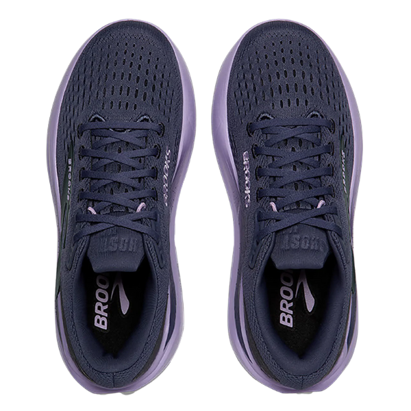 A pair of BROOKS Women's Ghost Max 3 running shoes in Night Shadow/Ebony/Purple are shown from above on a white background, featuring cushioned mesh uppers, black laces, and "BROOKS" visible on the insoles.