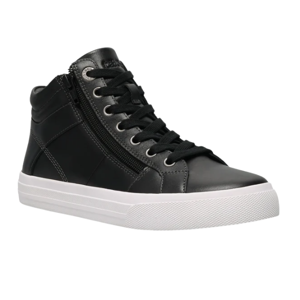 The TAOS Women's Winner Black is a black leather high-top sneaker with black laces, a side zipper, and a white rubber sole, shown angled slightly to the left.
