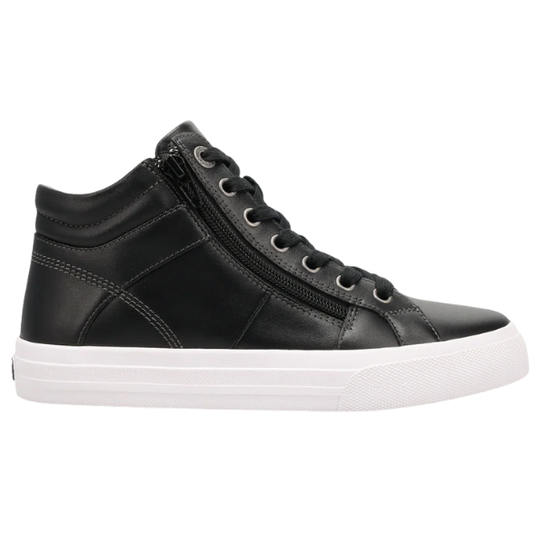 The TAOS Taos Women's Winner Black is a black leather high-top sneaker with black laces, a white rubber sole, and side zipper, shown in profile on a white background—ideal for fans of stylish footwear.