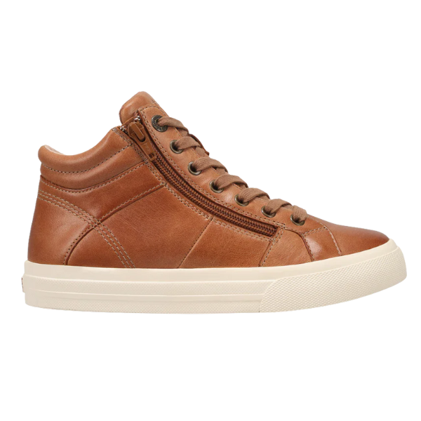 The TAOS Taos Women's Winner Caramel is a brown high-top leather sneaker for women with matching laces, a side zipper, removable footbed, and white rubber sole, shown in side profile against a white background.