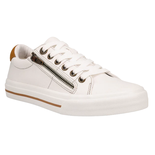 The TAOS Women's Z Soul White/Tan is a stylish low-top sneaker featuring white laces, a side zipper, metal eyelets, tan heel accent, and a brown stripe on the sole for comfort and flair.