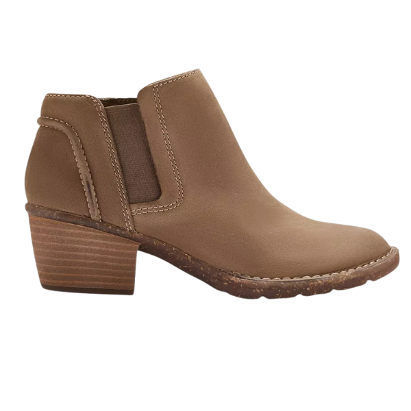 The Clarks Women's Kastela Lo Pebble Leather ankle boot in tan features a low block heel, elastic side panel, visible stitching, and Contour Cushion footbed by CLARKS, shown on a white background.