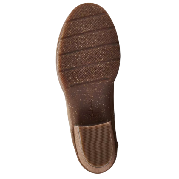 Brown sole with textured tread and horizontal grooves, shown from the bottom on a white background. Designed for the CLARKS Kastela Lo Pebble Leather women's ankle boot, with added ridged detailing at the heel.