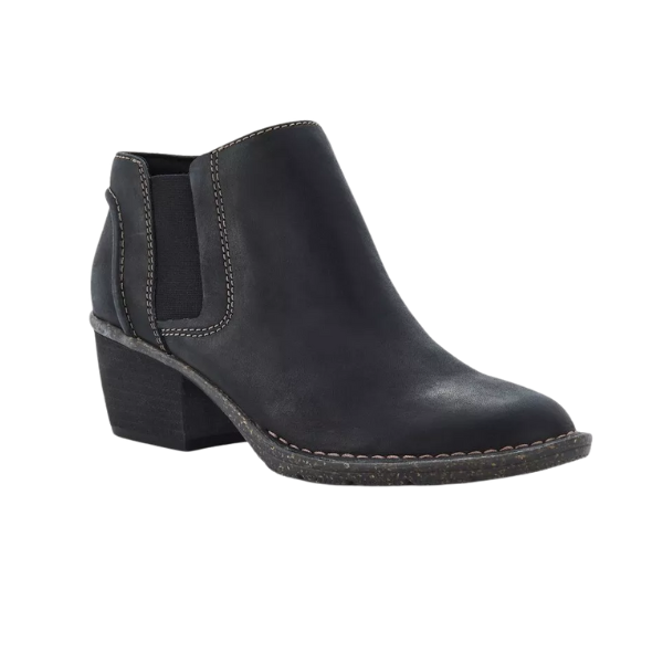 The Clarks Women's Kastela Lo Black Leather boot by CLARKS features a low block heel, elastic side panel, and visible sole stitching—ideal for stylish comfort in women's ankle boots.