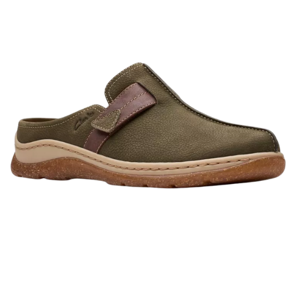 The CLARKS Women's Orlene Clog in Olive Combination Nubuck features a textured olive and brown upper, tan stitching, and a thick light brown rubber sole, shown on a white background.