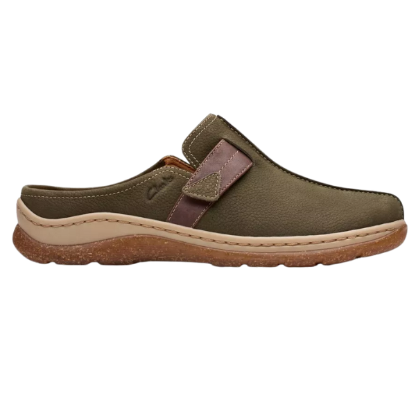 The CLARKS Women's Orlene Clog in Olive Combination Nubuck features an olive green nubuck upper, brown sole, contrasting side strap, and visible edge stitching for a stylish, casual slip-on look.