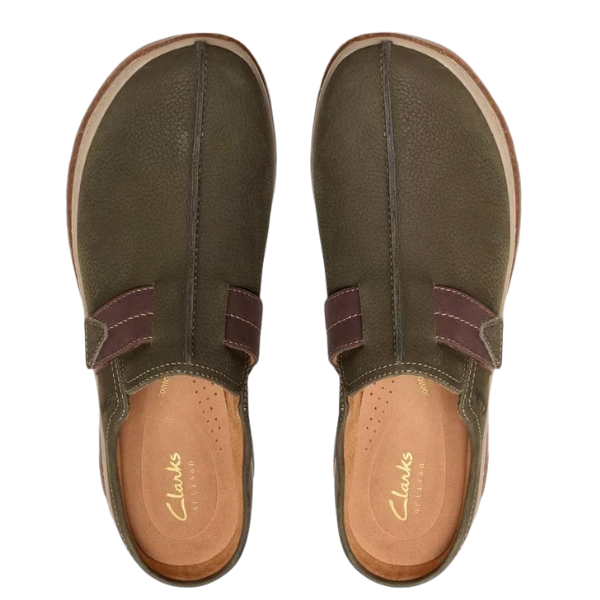 A pair of CLARKS Women's Orlene Clog slip-on shoes in Olive Combination Nubuck are shown from above on a white background, featuring visible stitching, textured nubuck uppers, and tan insoles with the CLARKS logo.