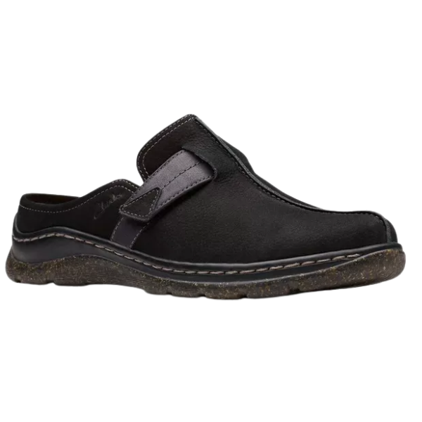 The CLARKS Women's Orlene Clog in Black Combination Nubuck is a casual slip-on shoe with a rounded toe, visible stitching, textured brown sole, low back, and an upper crafted for a premium leather or suede look and feel.