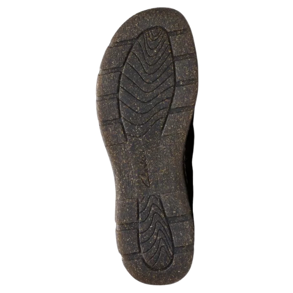 The image shows the bottom view of a CLARKS Women's Orlene Clog Black Combination Nubuck slip-on, highlighting its textured non-slip tread pattern and visible grooves for traction, photographed on a white background.