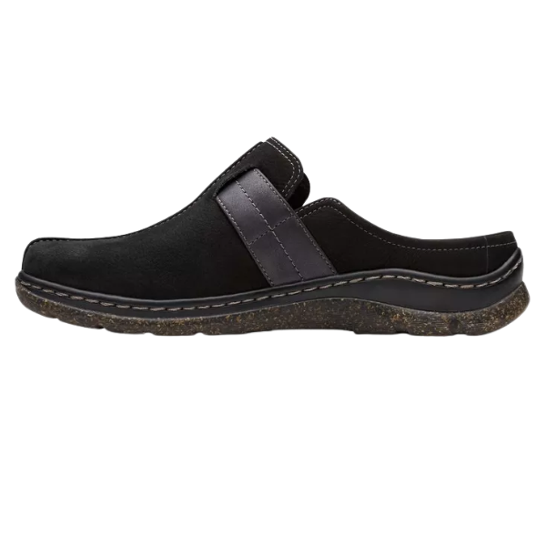 The CLARKS Women's Orlene Clog Black Combination Nubuck is a slip-on mule with a closed toe, brown stitching, textured sole, dark band detail, and low heel—ideal for casual collections.