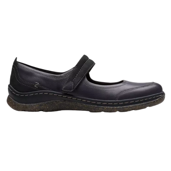 The CLARKS Orlene Jane Black Leather is a women's Mary Jane shoe with a Velcro strap, white stitching, a textured brown sole, and a comfy footbed, shown in side profile on a white background.
