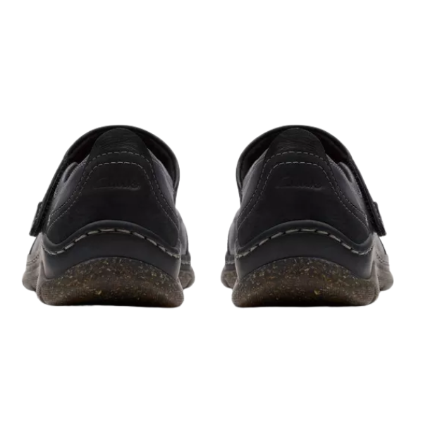 A rear view of CLARKS Orlene Jane women’s casual shoes in black leather, featuring thick soles, visible stitching, and a comfy footbed, set against a white background.