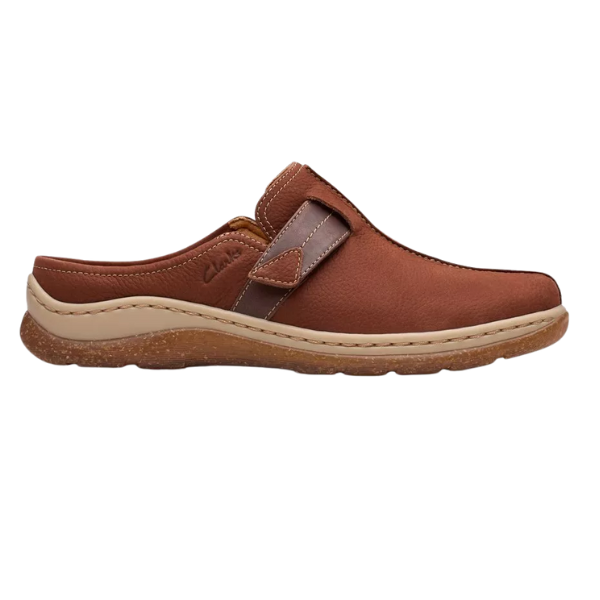 The CLARKS Women's Orlene Clog in Tan Combination Nubuck is a comfortable, casual slip-on with a rounded toe, tan stitching, beige rubber sole, side strap detail, and cushioned insole for relaxed style.