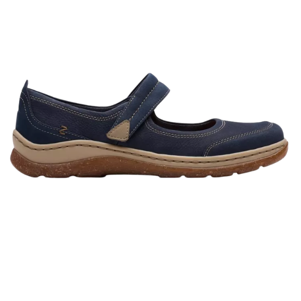 The CLARKS Women's Orlene Jane Navy Leather is a blue Mary Jane-style casual shoe with a tan sole, beige stitching, and a hook-and-loop instep strap, shown in side profile against a white background.