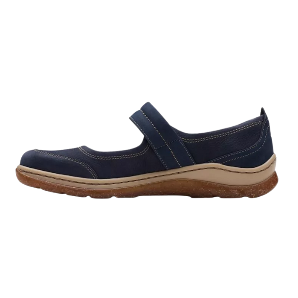 The CLARKS Orlene Jane Navy Leather is a women's Mary Jane shoe in navy blue with beige stitching, a hook-and-loop strap, and a tan rubber sole, shown in side profile view on a white background.