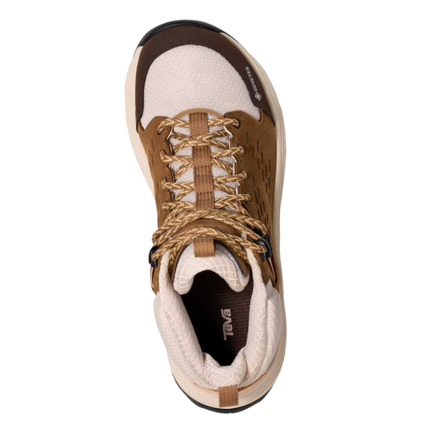 Top view of the TEVA Women's Grandview Max GORE-TEX Honey hiking boot, featuring tan laces, a breathable upper in brown and beige tones, and the Teva logo on the side and heel.