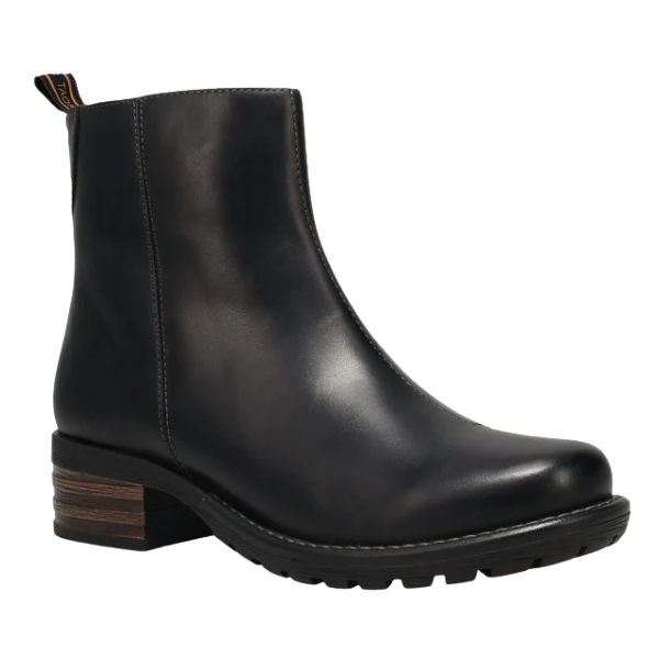 The TAOS Women's Uptown Black ankle boot features a chunky low heel, side stitching details, arch support, and a textured rubber sole, shown in side profile against a white background.