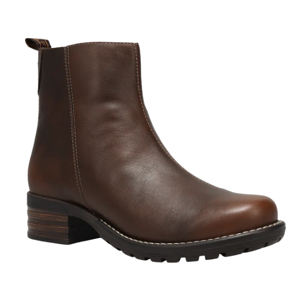 The TAOS Taos Women's Uptown Dark Brown ankle boot features a low block heel, back pull tab, white sole stitching, and built-in arch support for all-day comfort.