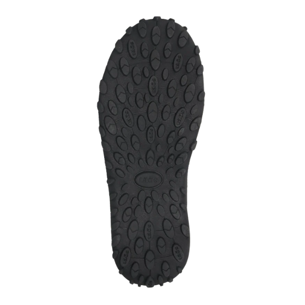 The image shows the black rubber sole of the TAOS Women's Trail Mix Charcoal boot, featuring an oval and circular textured tread for excellent grip. Its rugged design and supportive footbed make it perfect for outdoor activities.