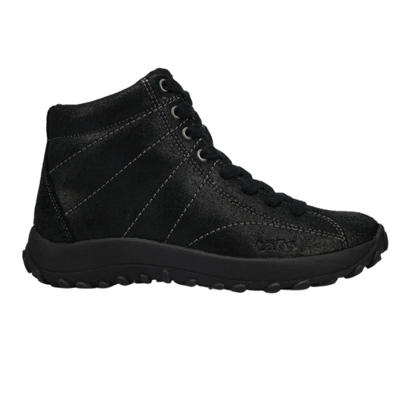 The TAOS Taos Women's Trail Mix Black is a black high-top sneaker featuring black laces, visible stitching, a textured rubber sole, and a supportive footbed—perfect for comfort on the go. Side view shown.