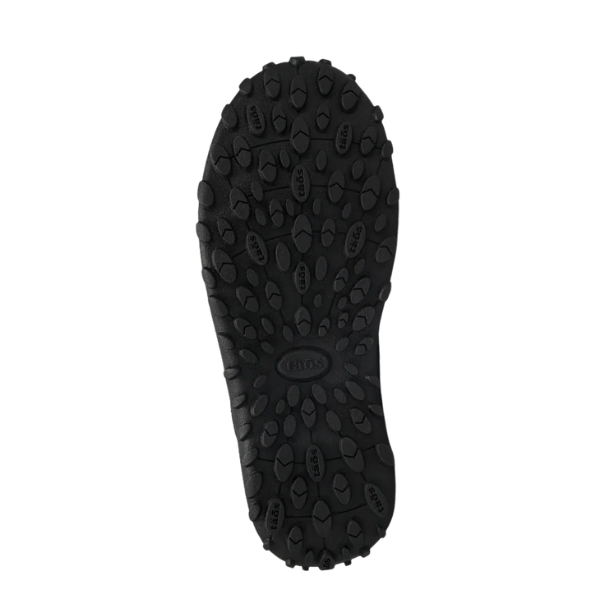 The black sole of the Taos Women's Trail Mix Black boot features a textured oval and circular grip pattern, viewed from below on a white background, with the TAOS brand logo at the center.