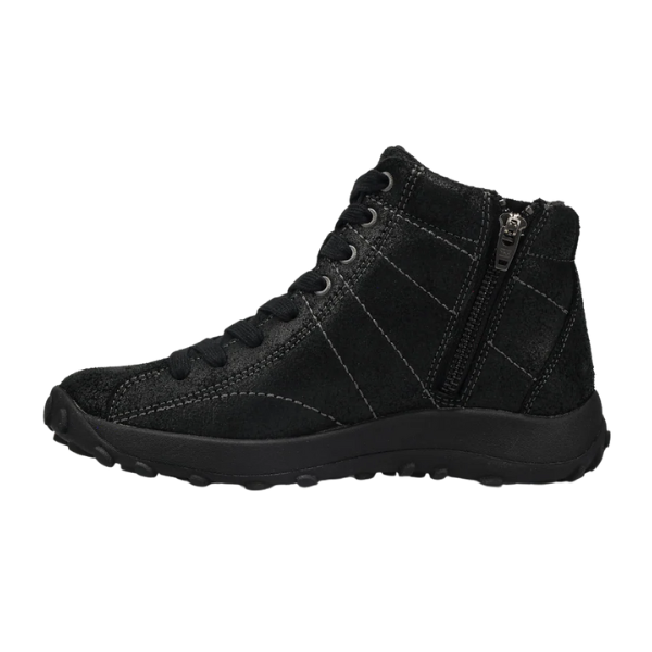 The TAOS Taos Women's Trail Mix Black is a black suede high-top sneaker with visible stitching, black laces, side zipper, and a supportive footbed, shown in a side view on a plain white background.