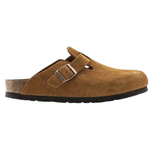 The BIRKENSTOCK Men's Boston Soft Footbed Mink is a brown suede clog-style slipper with an open back, adjustable buckle strap, soft footbed, and black rubber sole.
